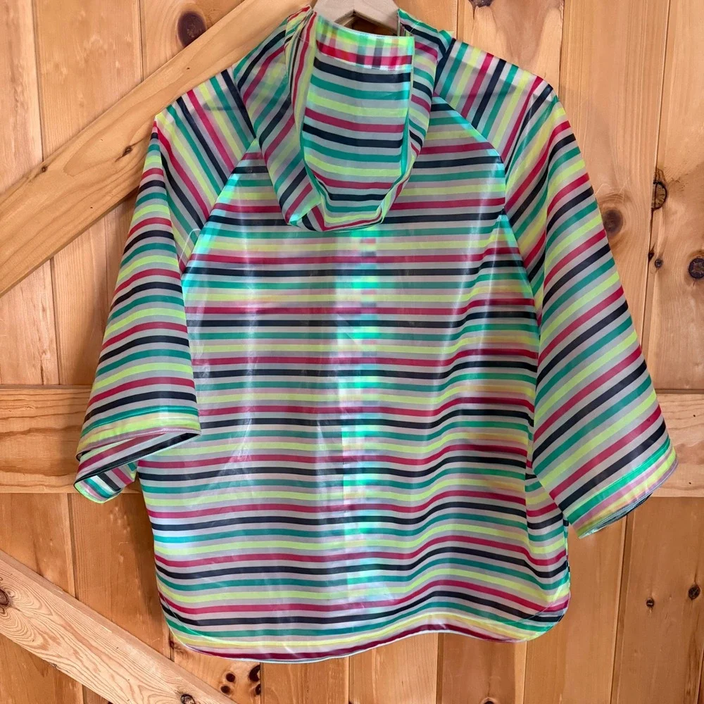 Gap Kids Rain Poncho Kids‎ XXL Multi Stripe Teal Pink Yellow Waterproof Hood Zip